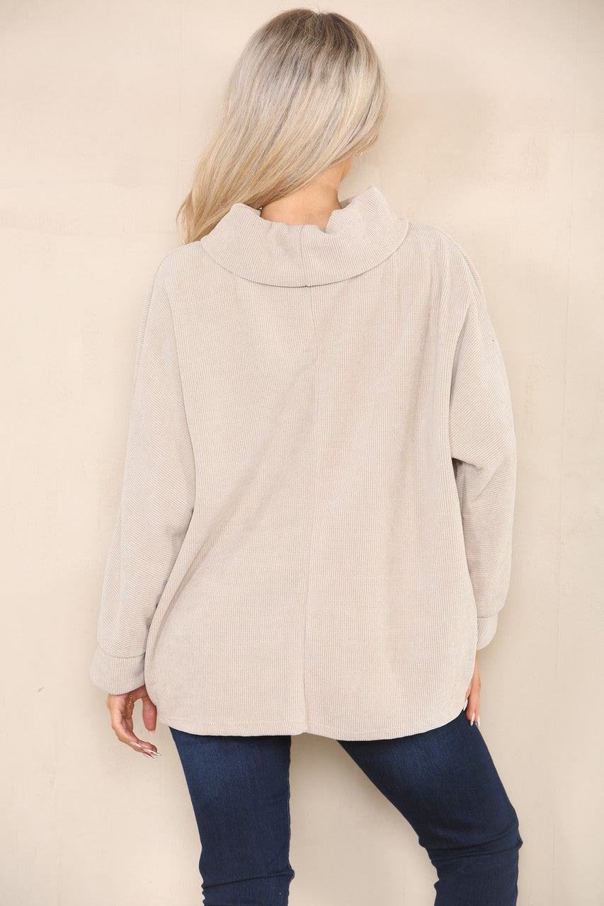 CORD COWL NECK TOP BEIGE