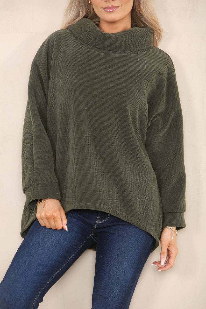 CORD COWL NECK TOP KHAKI