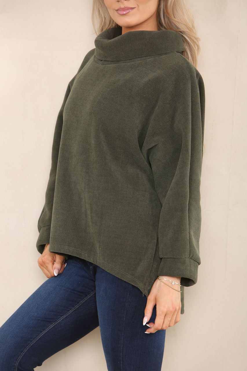 CORD COWL NECK TOP KHAKI