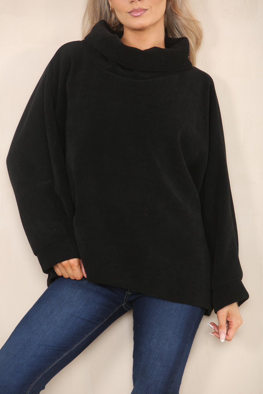 CORD COWL NECK TOP BLACK