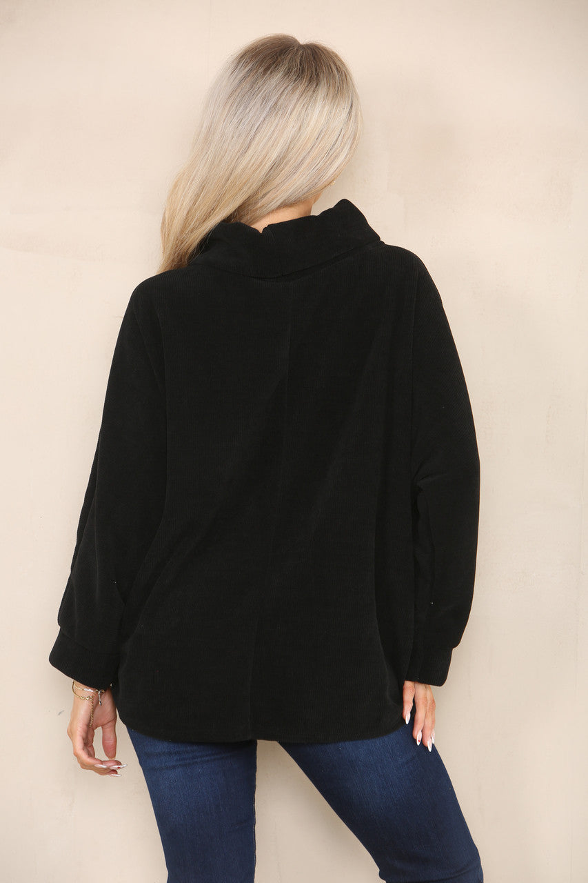 CORD COWL NECK TOP BLACK