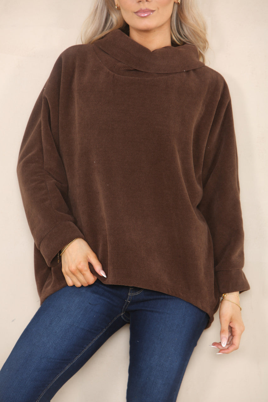 CORD COWL NECK TOP CHOCOLATE BROWN
