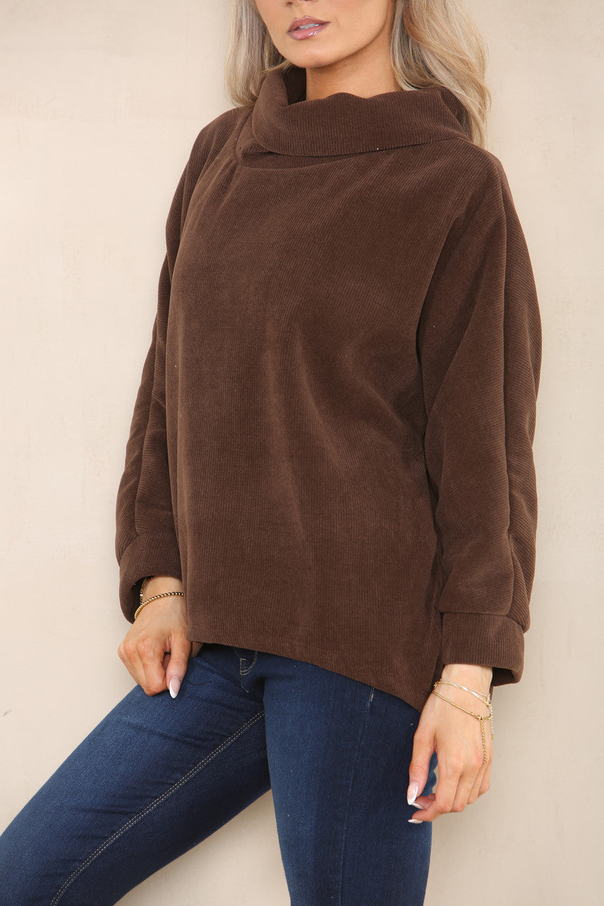 CORD COWL NECK TOP CHOCOLATE BROWN