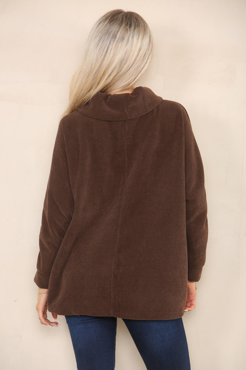 CORD COWL NECK TOP CHOCOLATE BROWN
