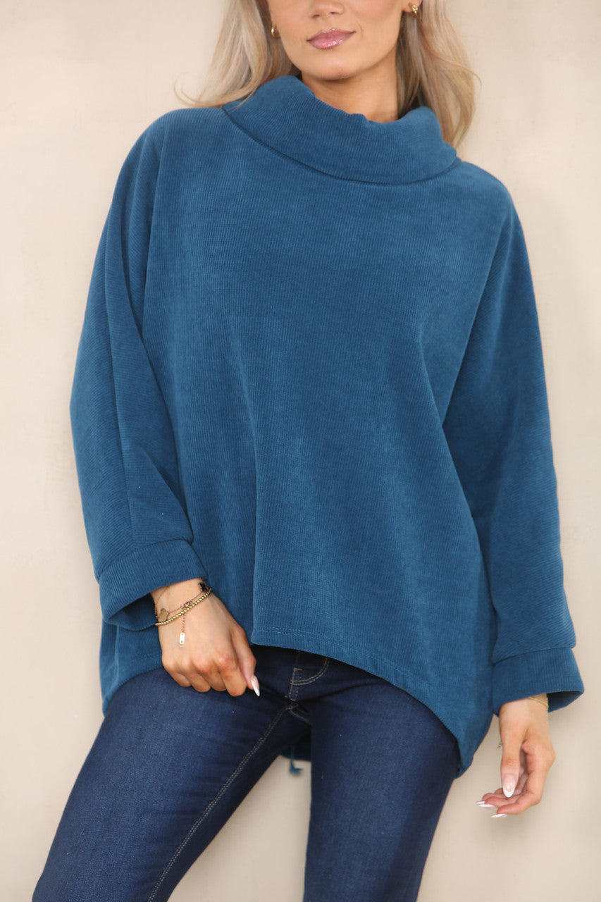CORD COWL NECK TOP TEAL