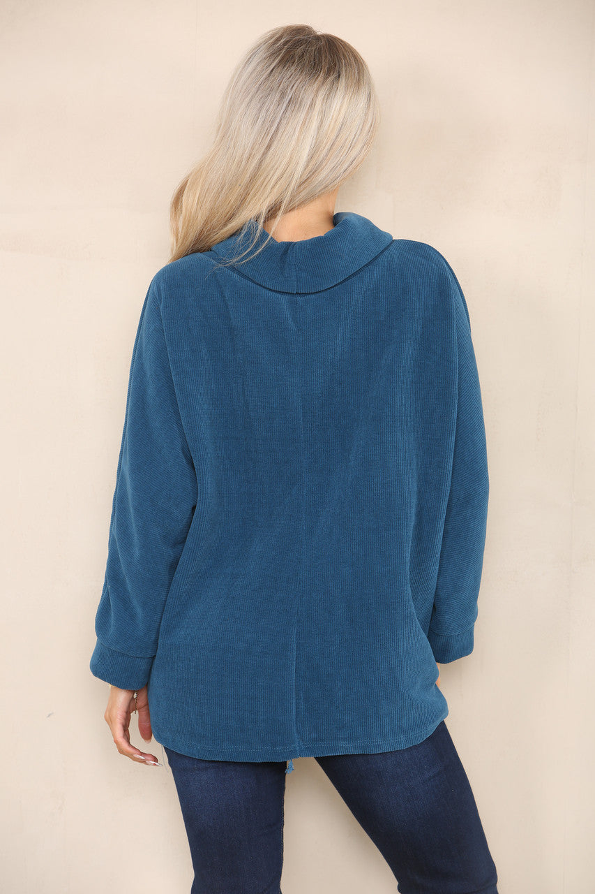 CORD COWL NECK TOP TEAL