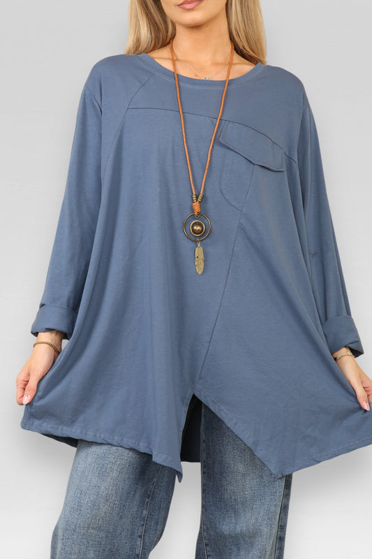 POCKET CUT OUT DETAIL TOP WITH NECKLACE DENIM