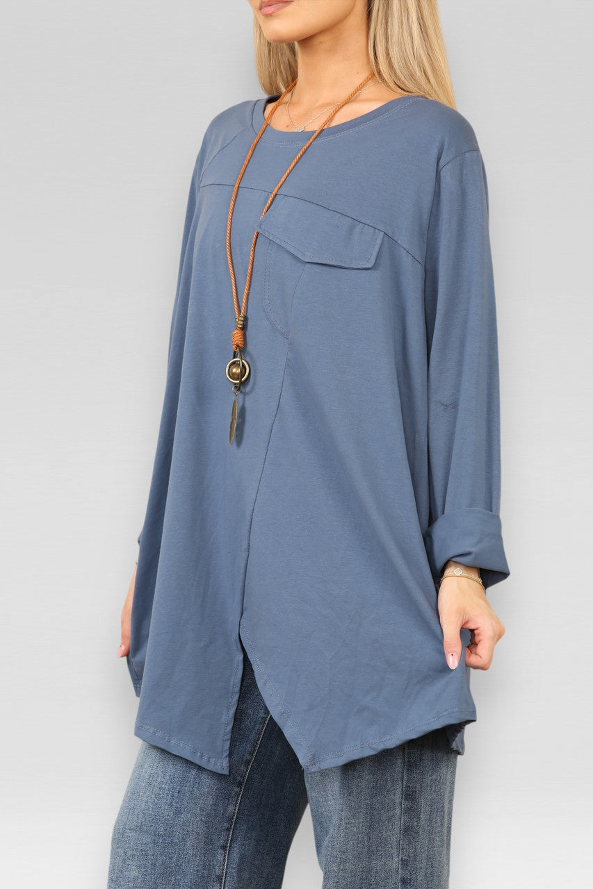 POCKET CUT OUT DETAIL TOP WITH NECKLACE DENIM