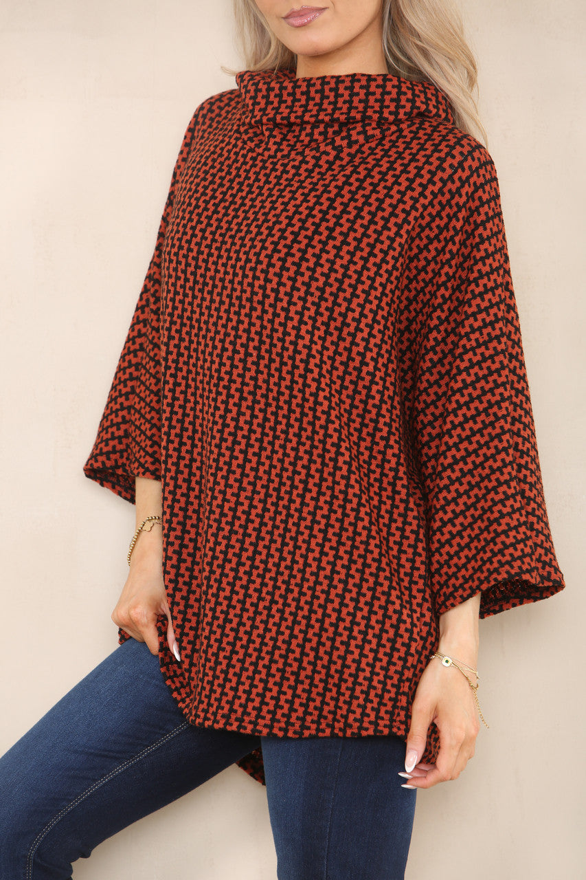 VERTICAL PATTERN YARN KNIT COWL NECK JUMPER RUST
