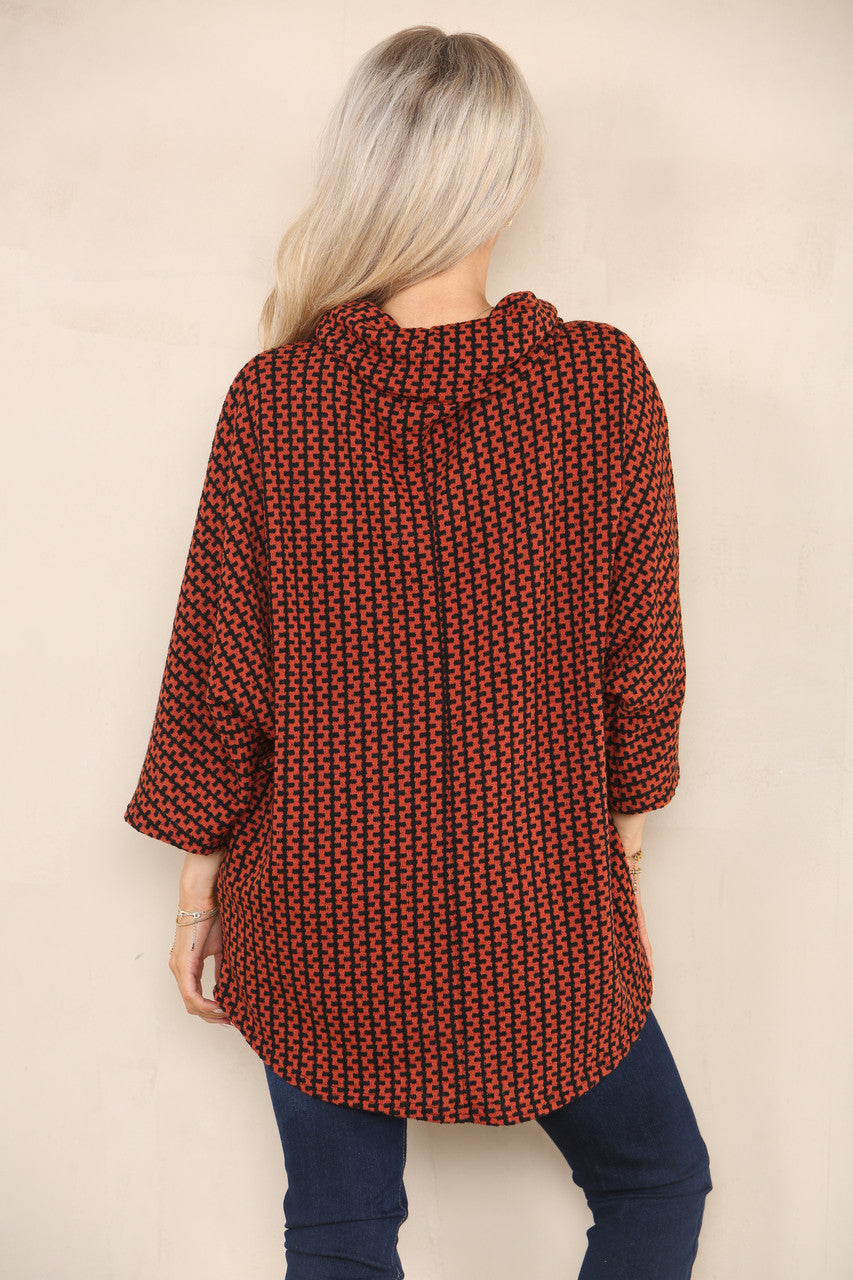 VERTICAL PATTERN YARN KNIT COWL NECK JUMPER RUST