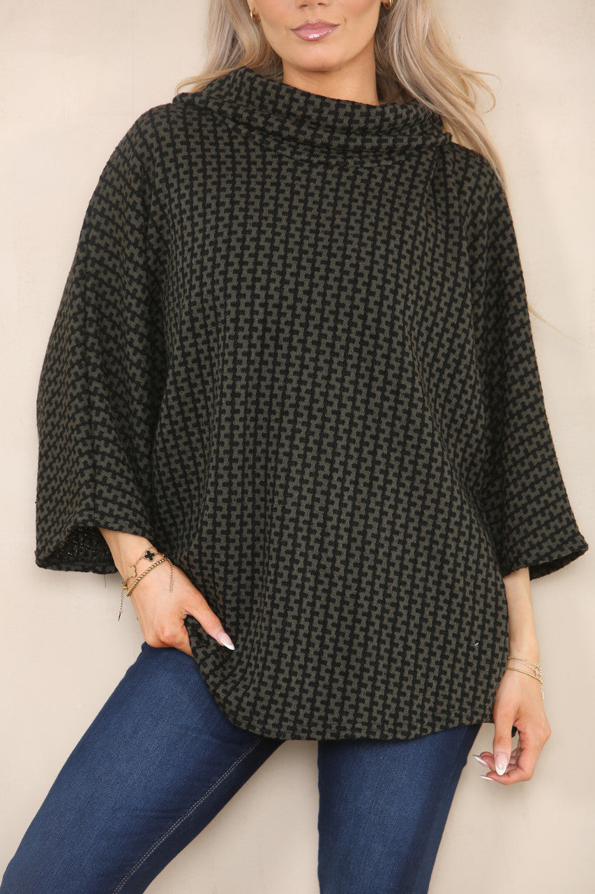 VERTICAL PATTERN YARN KNIT COWL NECK JUMPER KHAKI