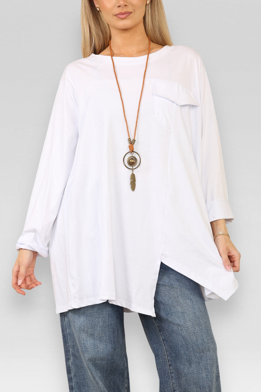 POCKET CUT OUT DETAIL TOP WITH NECKLACE WHITE