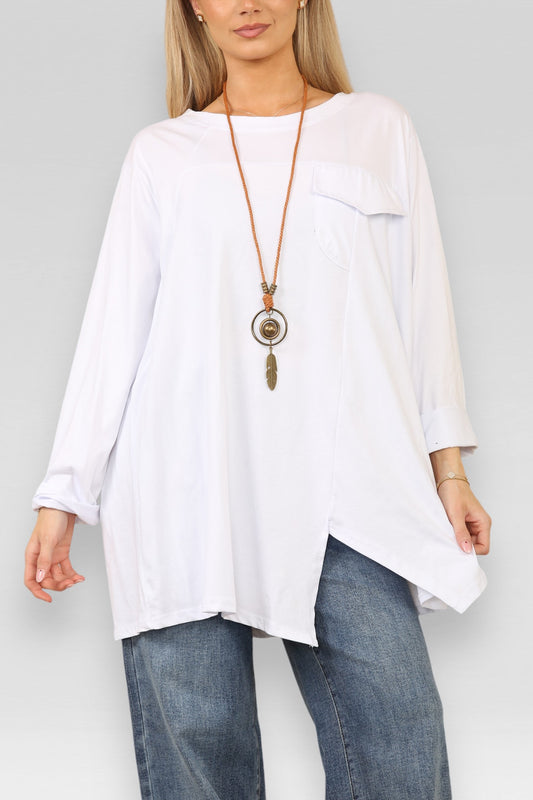 POCKET CUT OUT DETAIL TOP WITH NECKLACE WHITE