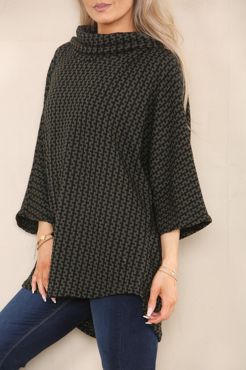VERTICAL PATTERN YARN KNIT COWL NECK JUMPER KHAKI