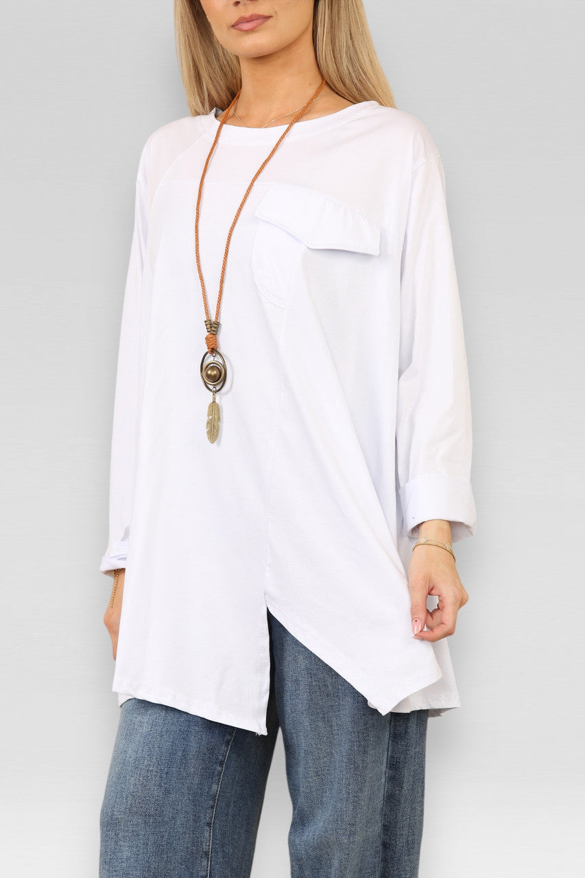 POCKET CUT OUT DETAIL TOP WITH NECKLACE WHITE