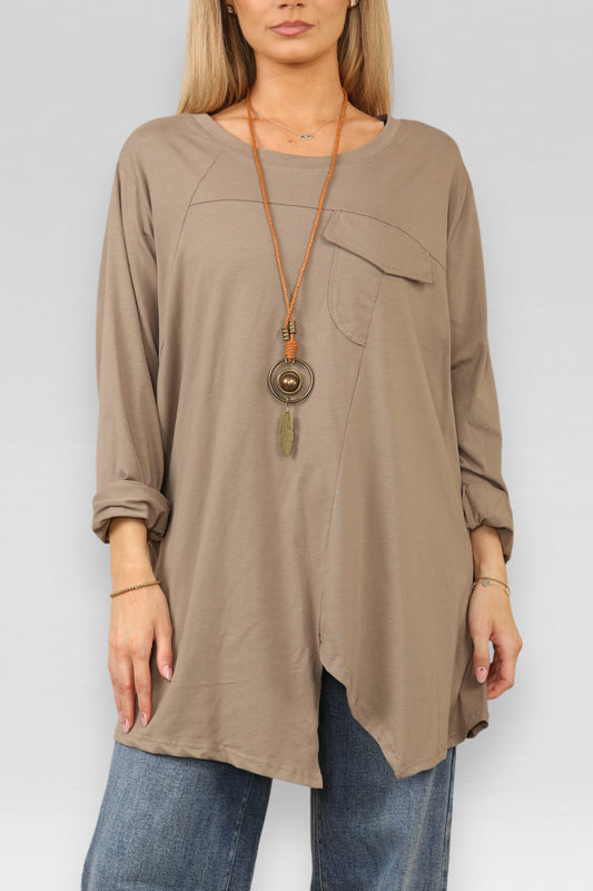 POCKET CUT OUT DETAIL TOP WITH NECKLACE TAUPE