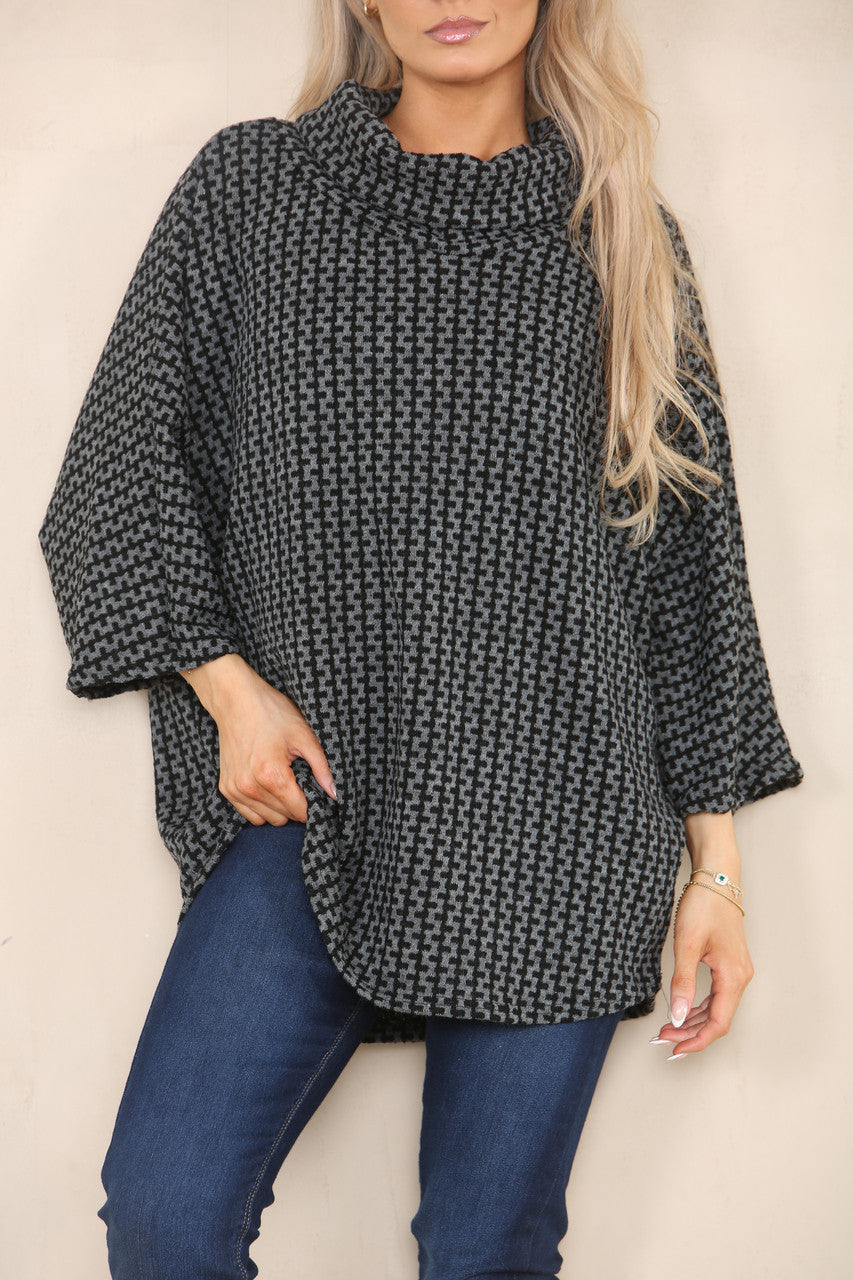 VERTICAL PATTERN YARN KNIT COWL NECK JUMPER CHARCOAL