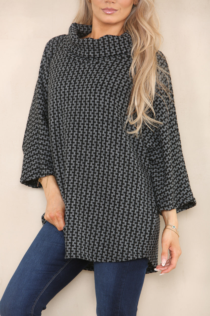 VERTICAL PATTERN YARN KNIT COWL NECK JUMPER CHARCOAL