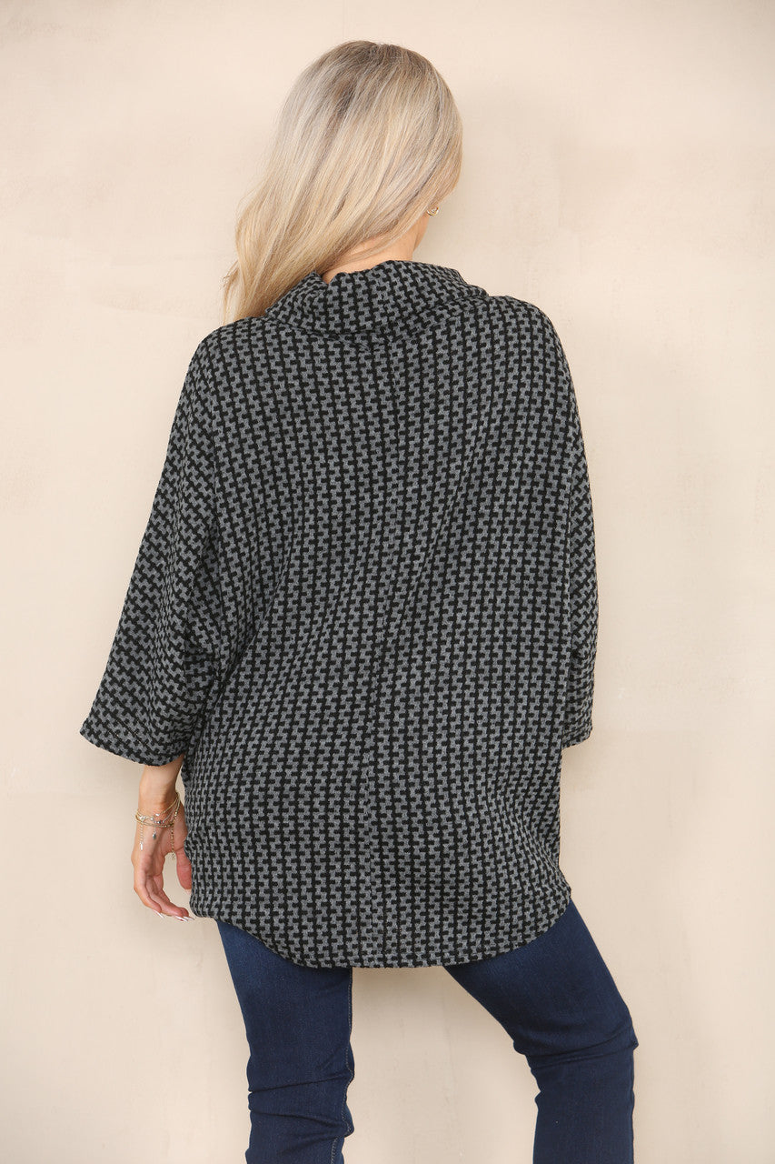 VERTICAL PATTERN YARN KNIT COWL NECK JUMPER CHARCOAL