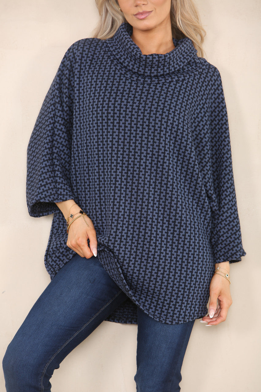 VERTICAL PATTERN YARN KNIT COWL NECK JUMPER DENIM