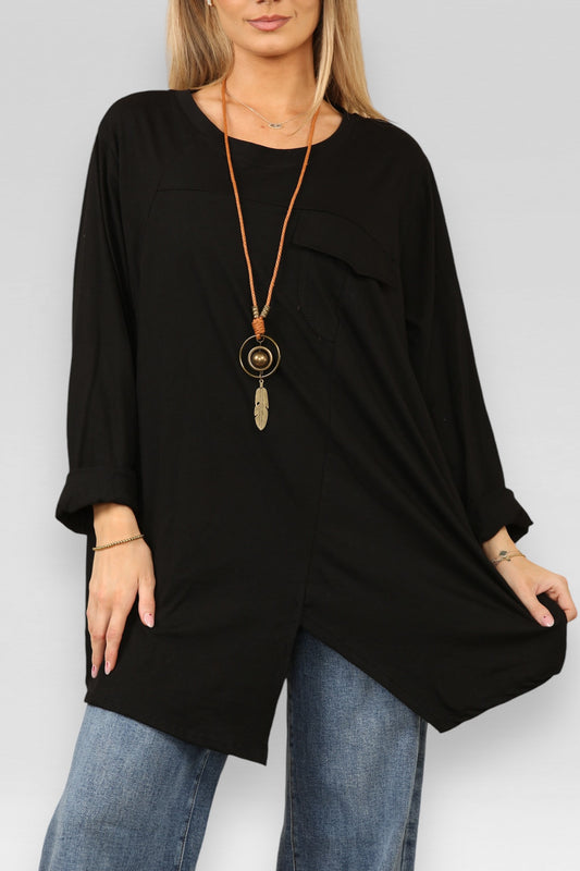 POCKET CUT OUT DETAIL TOP WITH NECKLACE BLACK