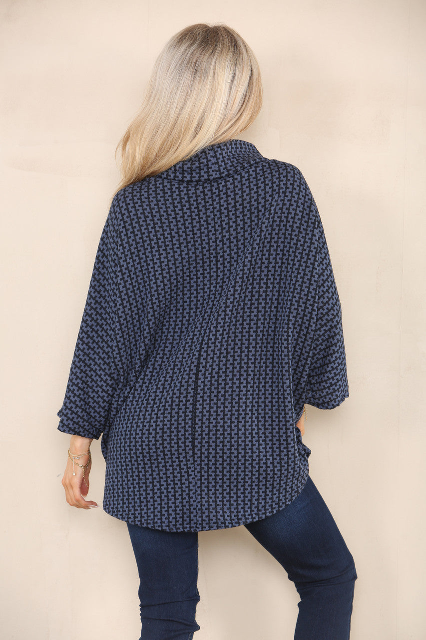 VERTICAL PATTERN YARN KNIT COWL NECK JUMPER DENIM