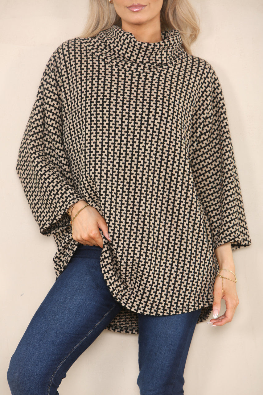 VERTICAL PATTERN YARN KNIT COWL NECK JUMPER STONE