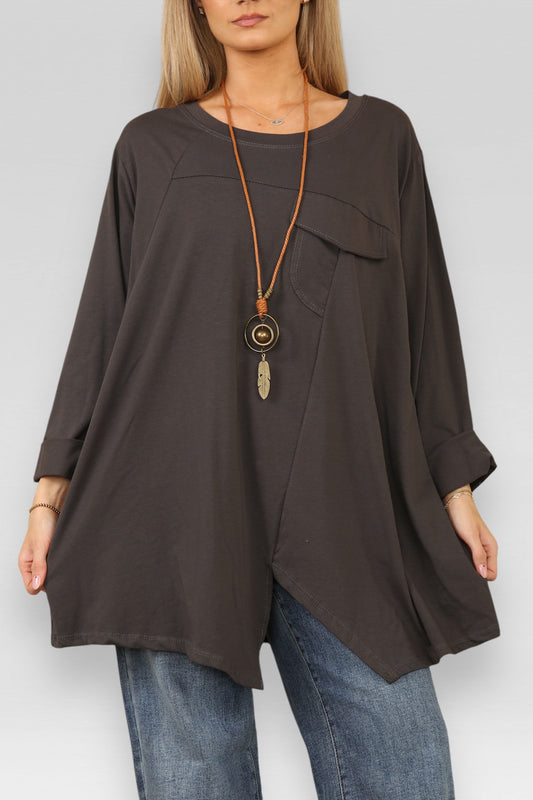 POCKET CUT OUT DETAIL TOP WITH NECKLACE CHARCOAL