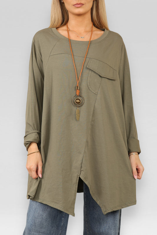 POCKET CUT OUT DETAIL TOP WITH NECKLACE KHAKI