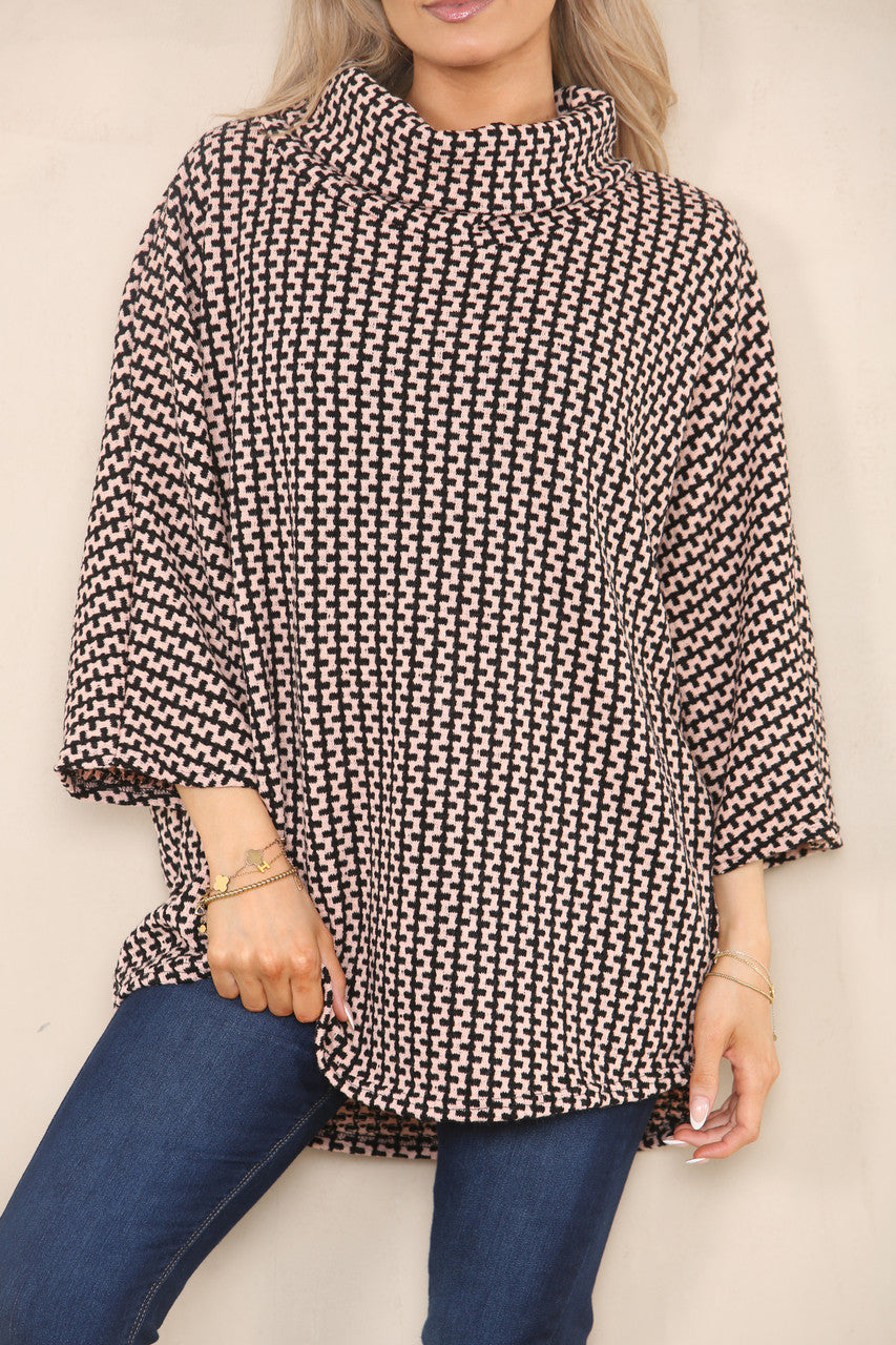 VERTICAL PATTERN YARN KNIT COWL NECK JUMPER DUSTY PINK