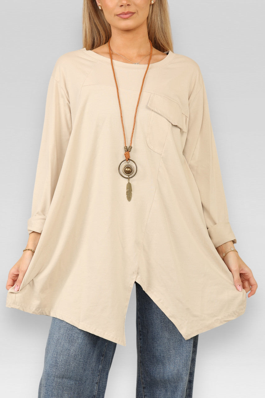 POCKET CUT OUT DETAIL TOP WITH NECKLACE STONE