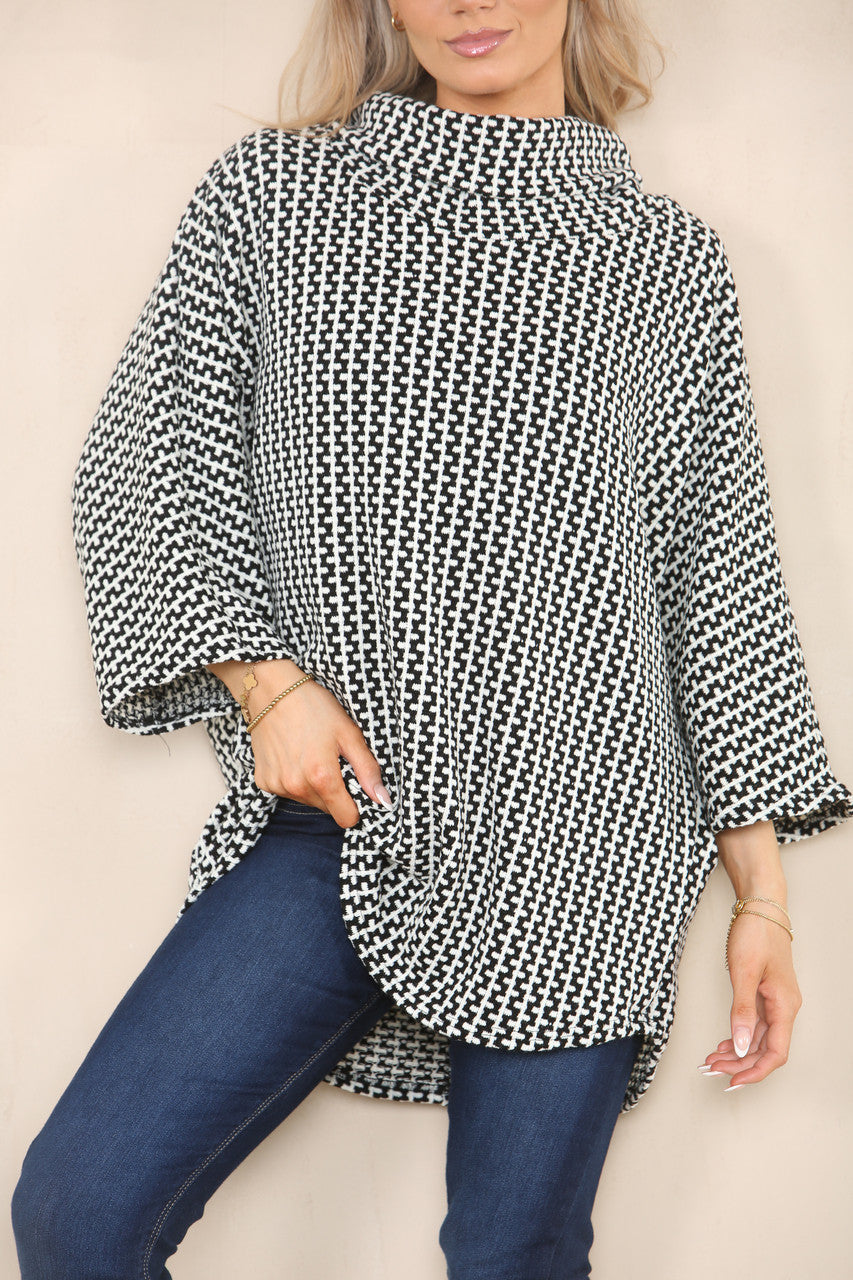 VERTICAL PATTERN YARN KNIT COWL NECK JUMPER WHITE