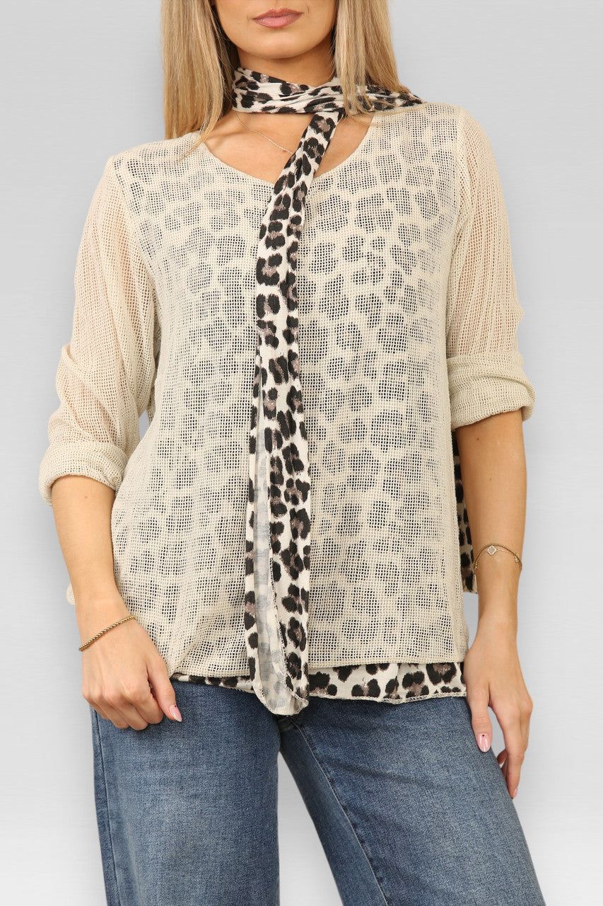 DUBBELE LAAG MESH LEOPAARDPRINT TOP MET SJAAL STEEN
