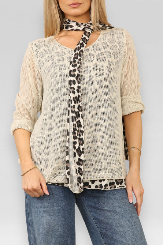 DUBBELE LAAG MESH LEOPAARDPRINT TOP MET SJAAL STEEN