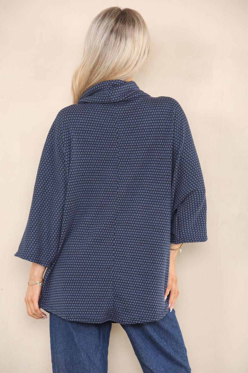 GEO PATTERN YARN KNIT COWL NECK JUMPER DENIM