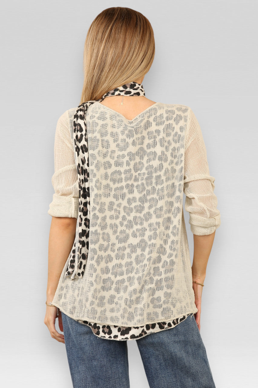 DUBBELE LAAG MESH LEOPAARDPRINT TOP MET SJAAL STEEN