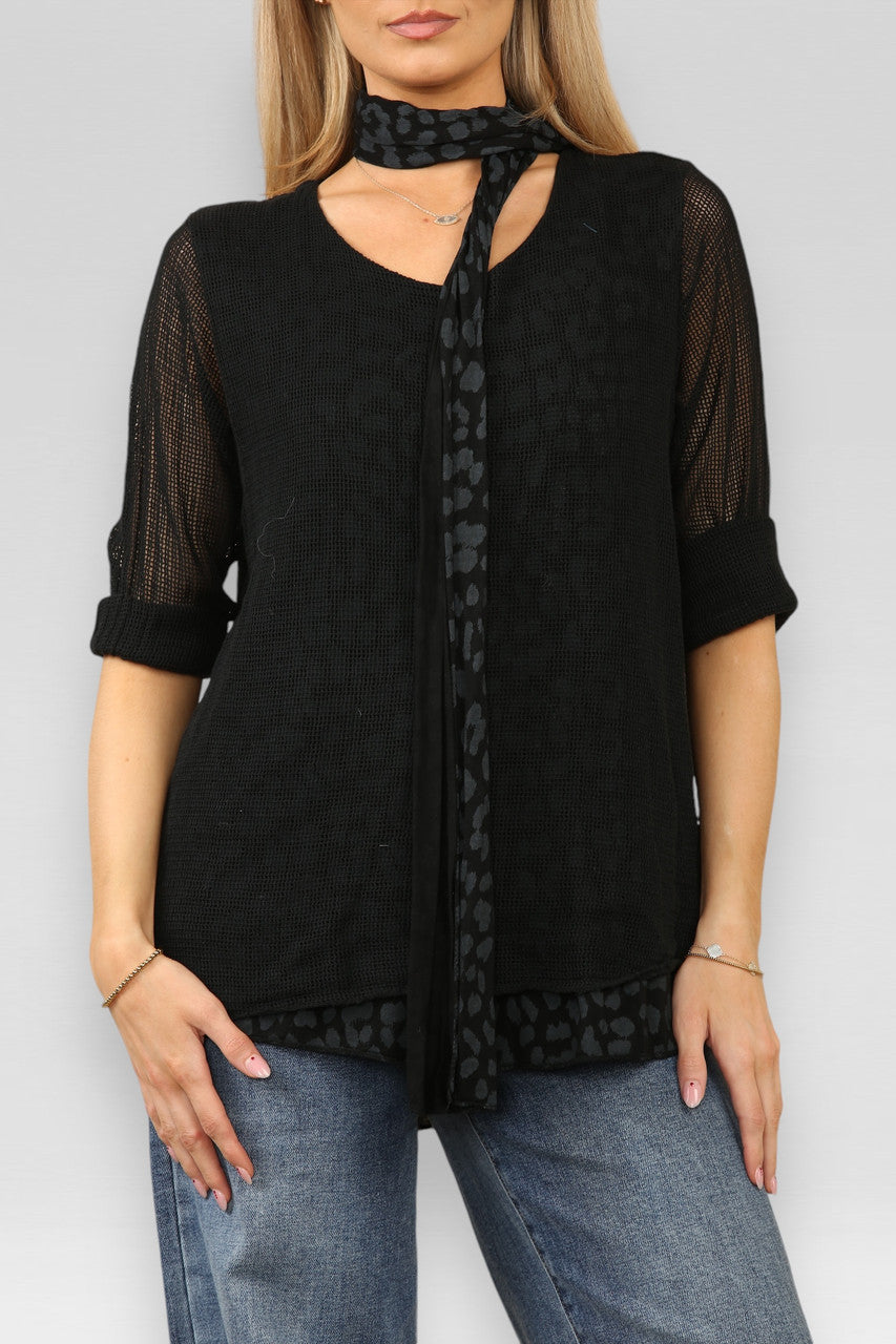 DUBBELE LAAG MESH LUIPAARDPRINT TOP MET SJAAL ZWART