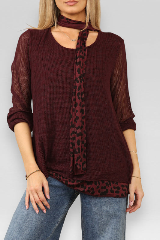 DOUBLE LAYER MESH LEOPARD PRINT TOP WITH SCARF BURGUNDY