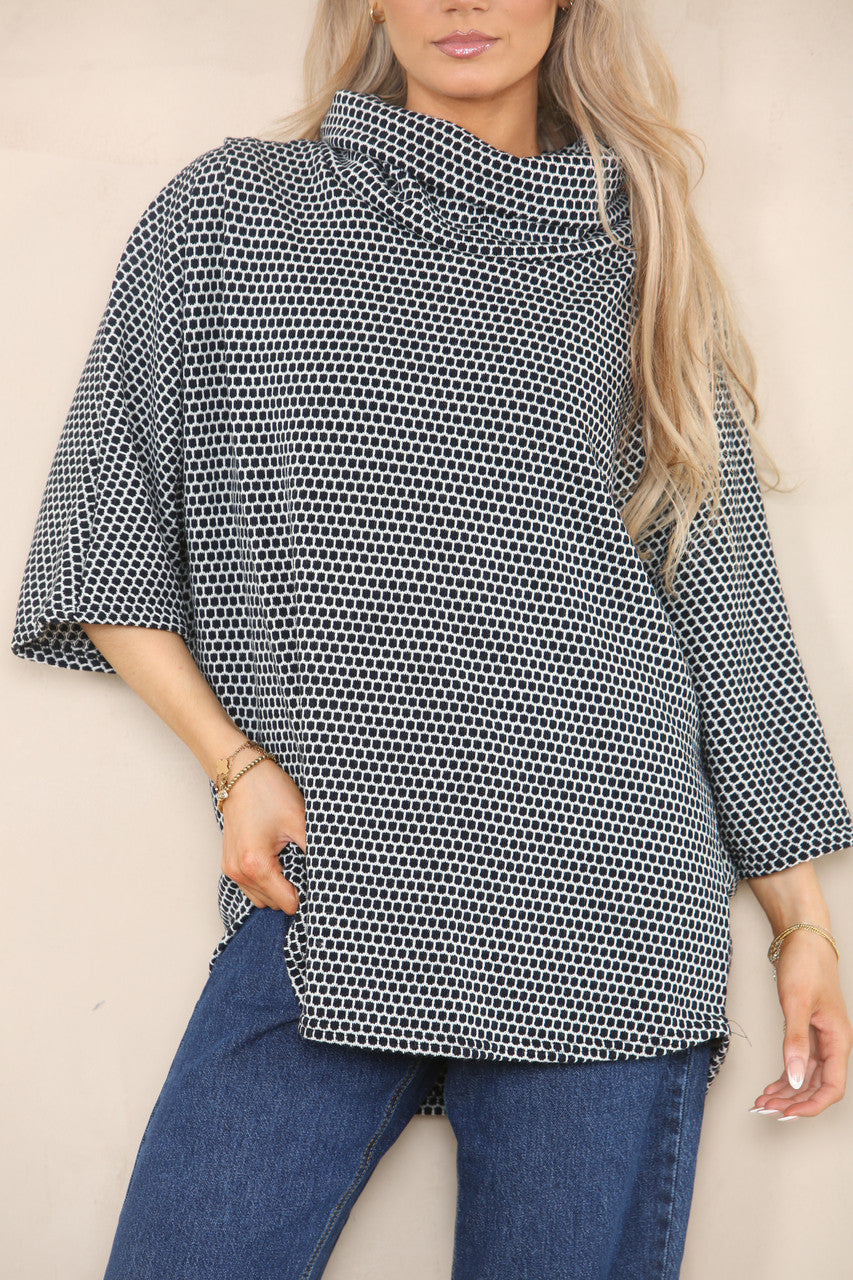 GEO PATTERN YARN KNIT COWL NECK JUMPER NAVY