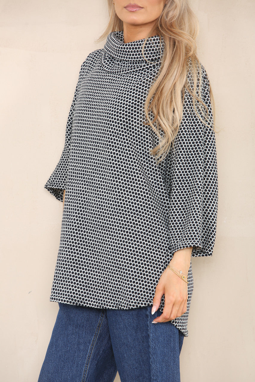 GEO PATTERN YARN KNIT COWL NECK JUMPER NAVY