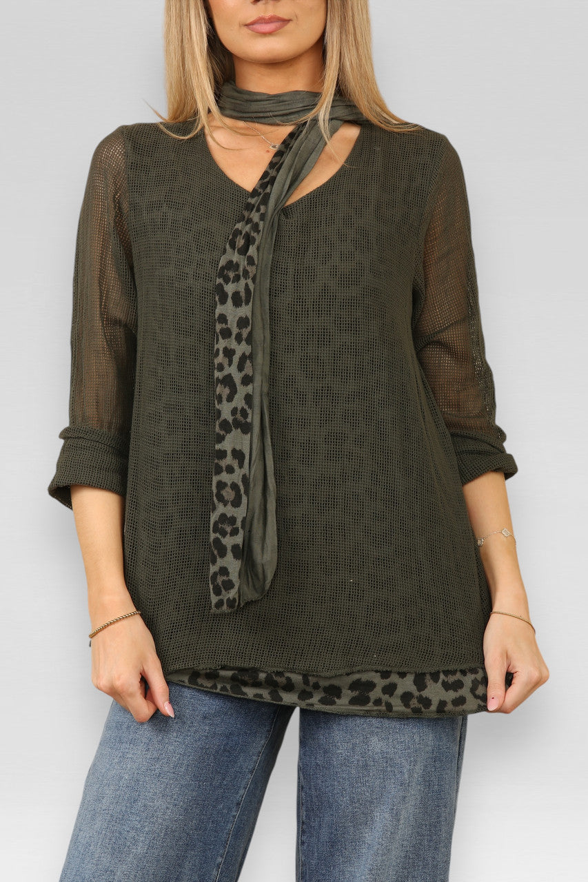 DUBBELE LAAG MESH LEOPARDPRINT TOP MET SJAAL KHAKI