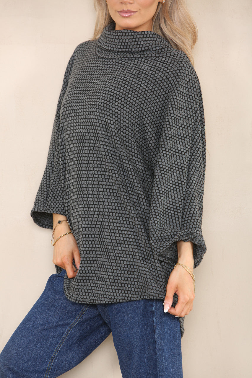 GEO PATTERN YARN KNIT COWL NECK JUMPER CHARCOAL