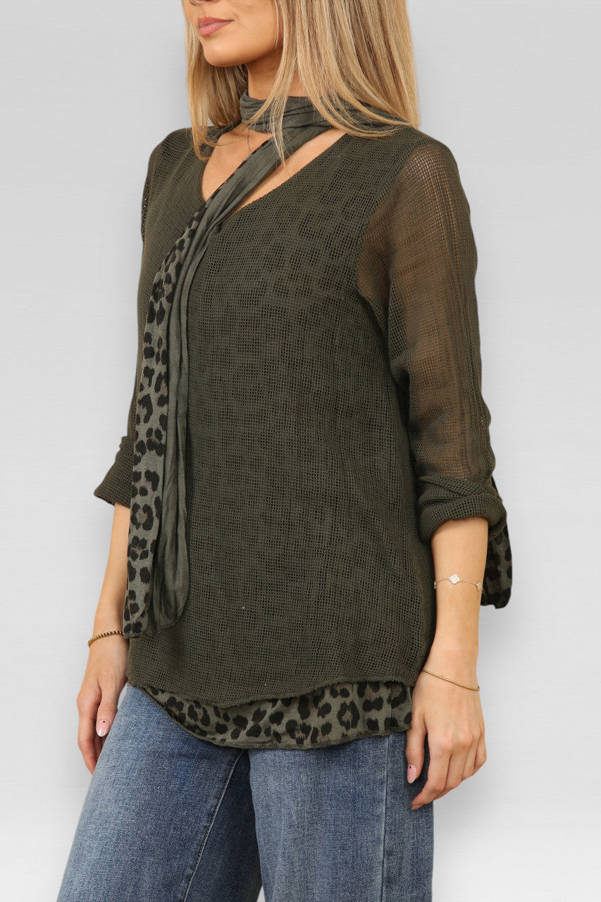 DUBBELE LAAG MESH LEOPARDPRINT TOP MET SJAAL KHAKI