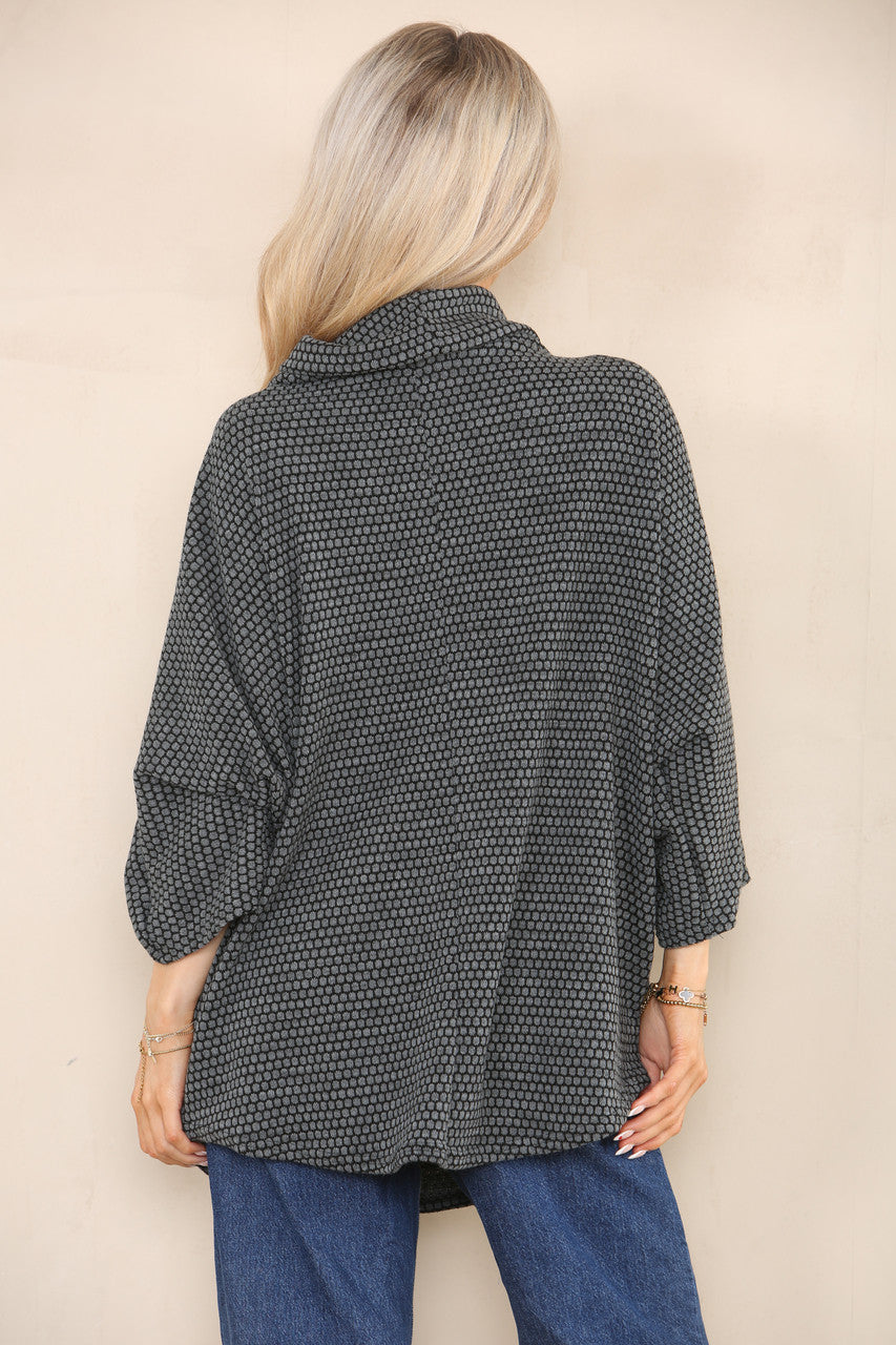 GEO PATTERN YARN KNIT COWL NECK JUMPER CHARCOAL