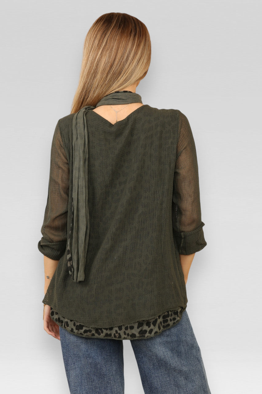 DUBBELE LAAG MESH LEOPARDPRINT TOP MET SJAAL KHAKI