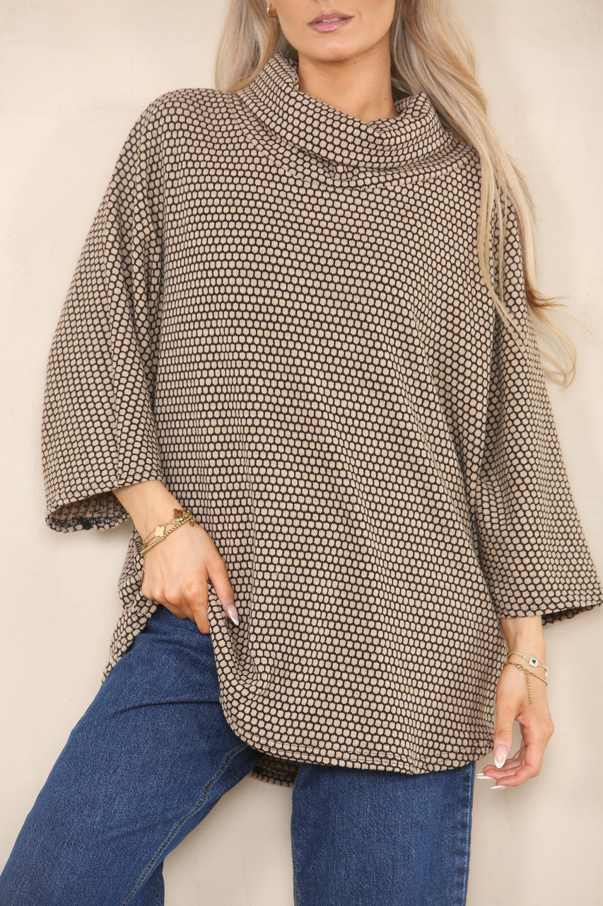 GEO PATTERN YARN KNIT COWL NECK JUMPER STONE