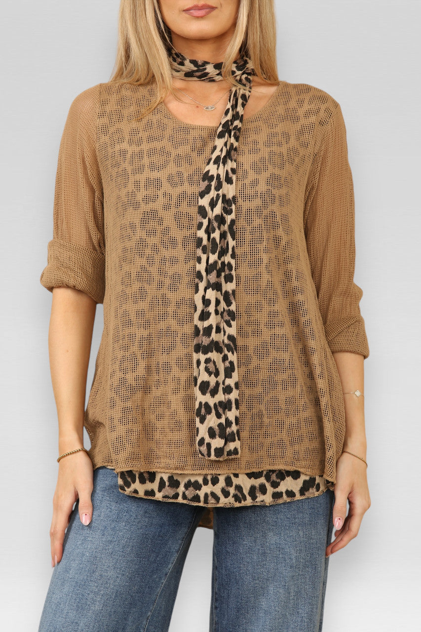 DUBBELE LAAG MESH LEOPARDPRINT TOP MET SJAAL TAN