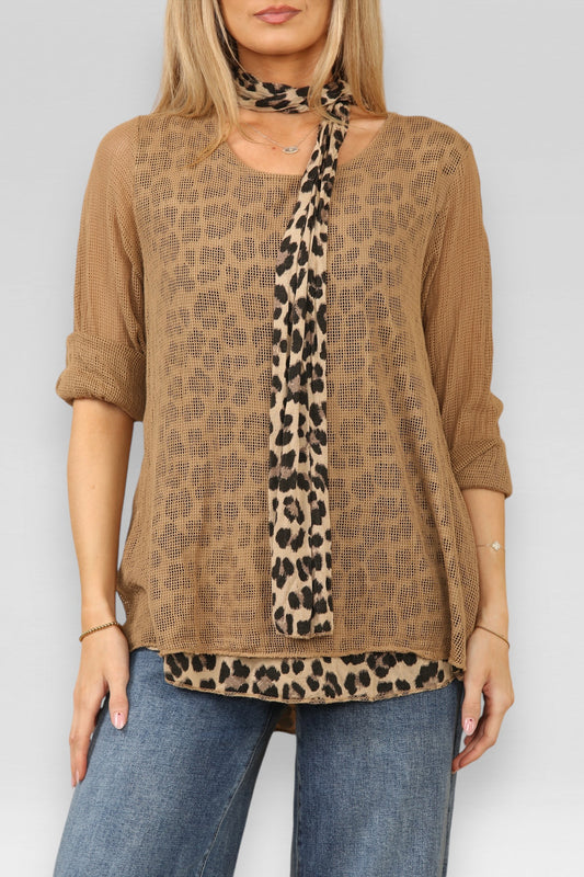 DUBBELE LAAG MESH LEOPARDPRINT TOP MET SJAAL TAN