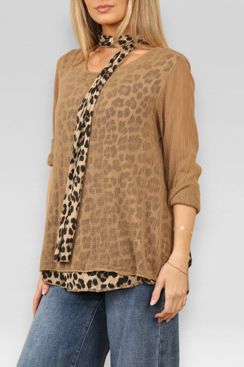 DUBBELE LAAG MESH LEOPARDPRINT TOP MET SJAAL TAN