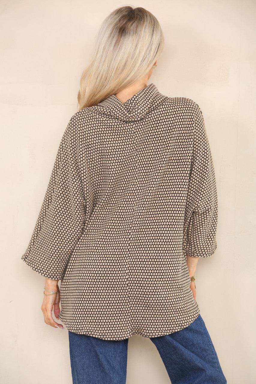 GEO PATTERN YARN KNIT COWL NECK JUMPER STONE